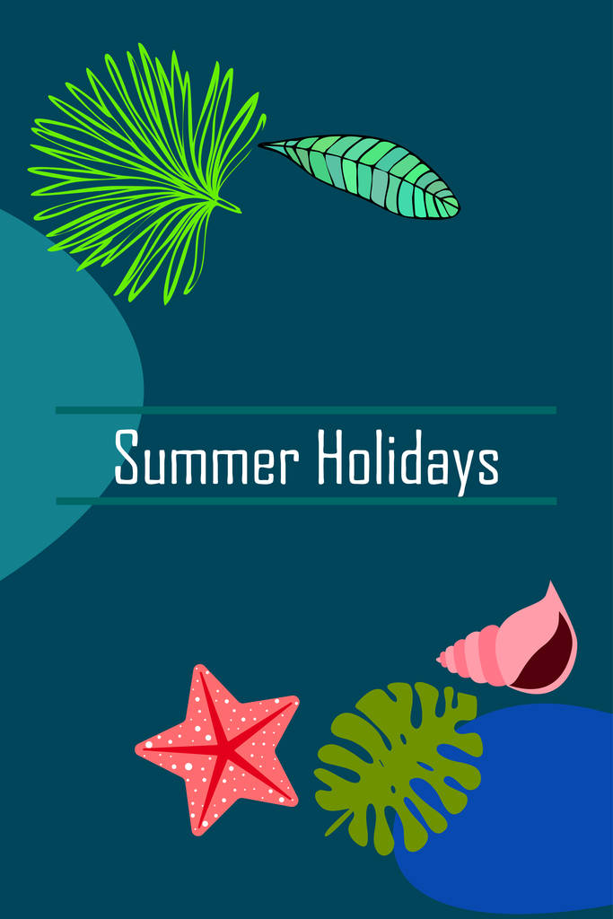 Repos d'été. Étoile de mer, coquillage, feuilles de plantes tropicales. Fond vectoriel
 - Vecteur, image