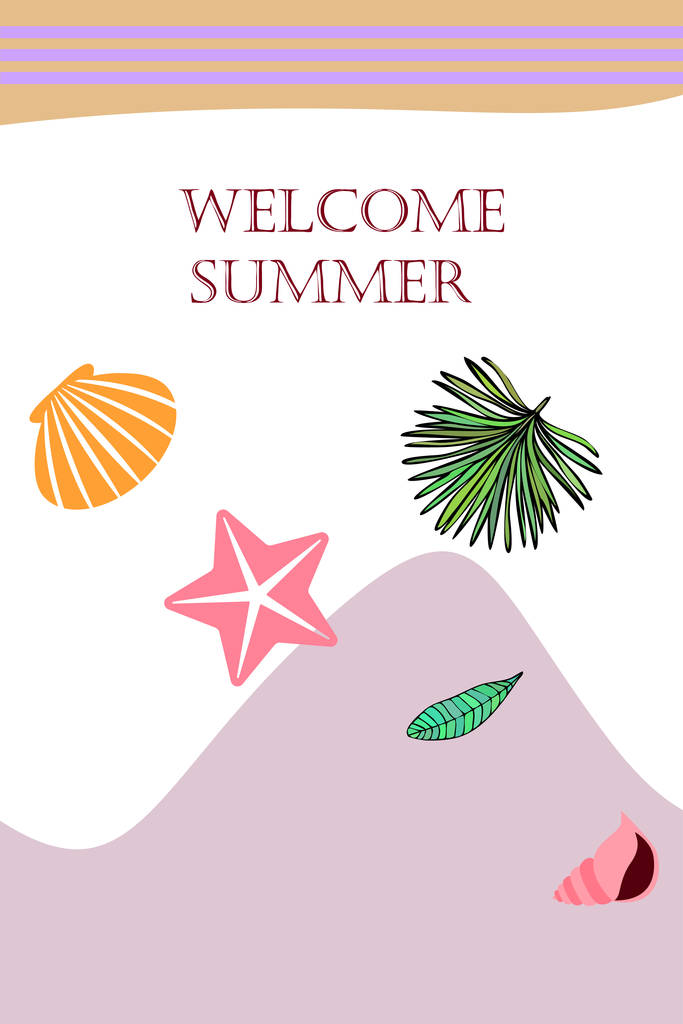 夏の休息。ヒトデ、貝殻、熱帯植物の葉。ベクトルの背景 - ベクター画像