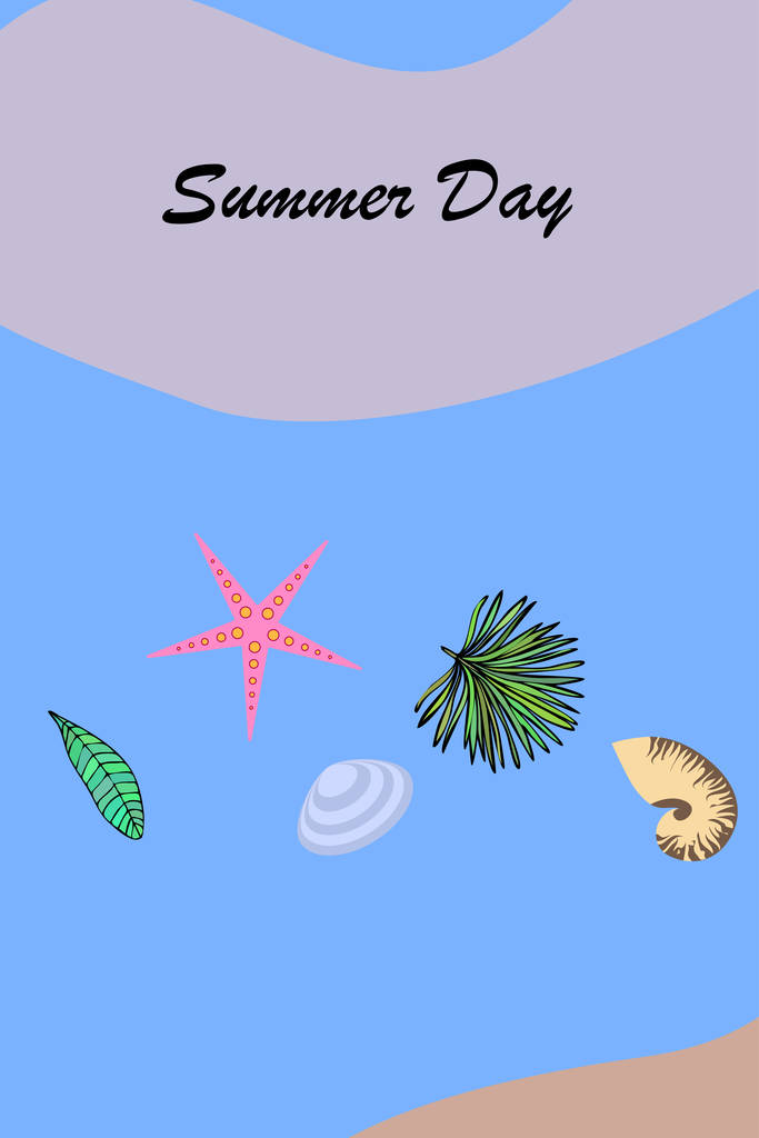 Yaz istirahati. Denizyıldızı, deniz kabuğu, tropik bitkilerin yaprakları. Vektör arka planı - Vektör, Görsel