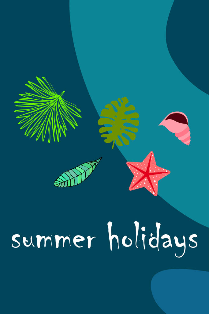 Yaz istirahati. Denizyıldızı, deniz kabuğu, tropik bitkilerin yaprakları. Vektör arka planı - Vektör, Görsel