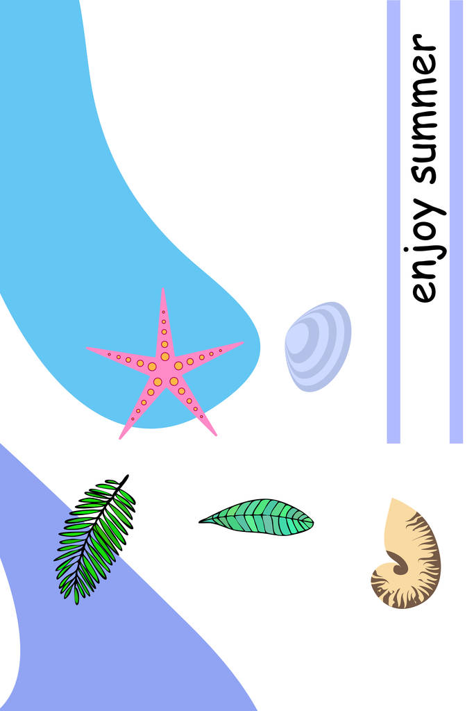 夏の休息。ヒトデ、貝殻、熱帯植物の葉。ベクトルの背景 - ベクター画像