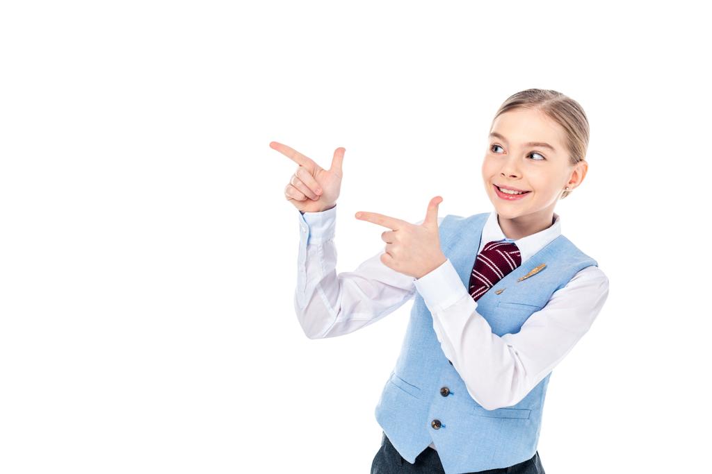 felice studentessa in abito formale che punta con le dita isolato su bianco con spazio copia
 - Foto, immagini