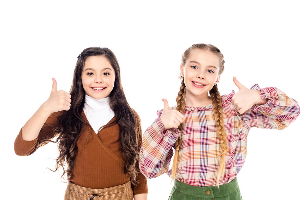 happy kids looking at camera and showing thumbs up signs Isolated On White - Photo, Image
