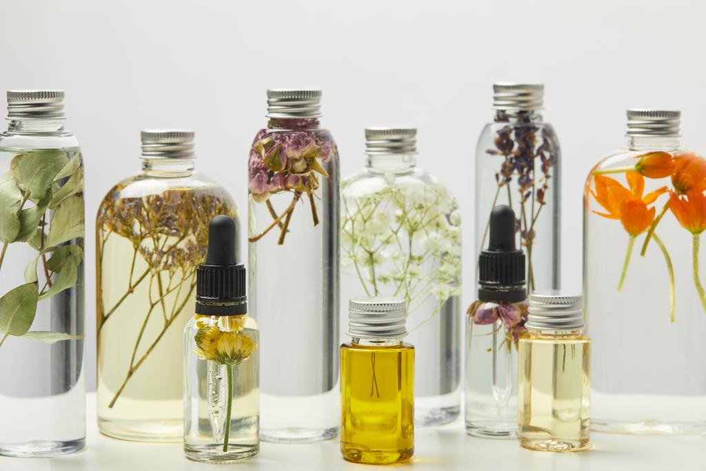 různé ekologické produkty krásy v lahvích s bylinkami a květinami izolovanými na šedé  - Fotografie, Obrázek