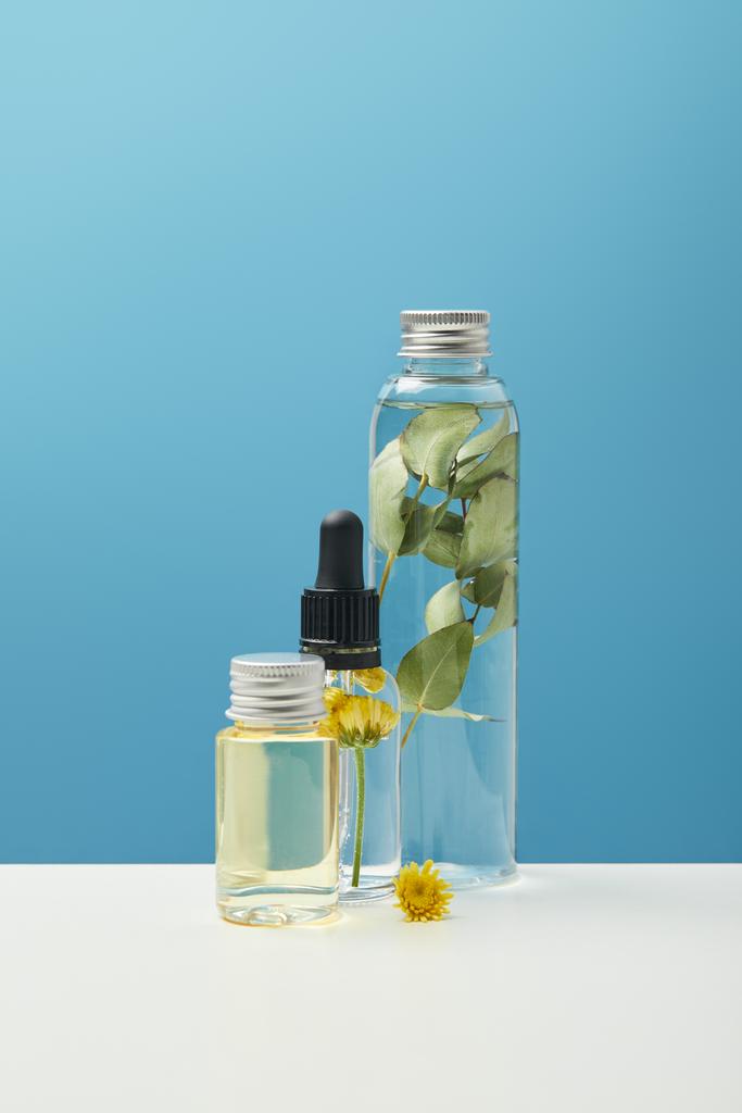 organic cosmetic products with green leaves and flowers in transparent bottles isolated on blue  - Photo, Image
