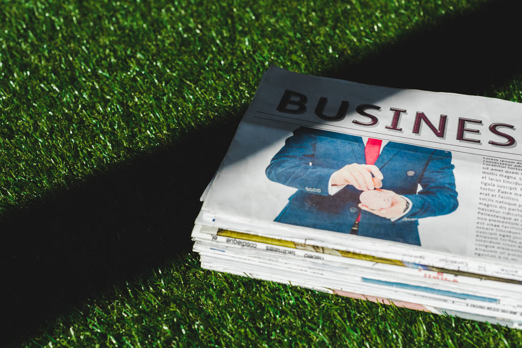 pila de periódicos impresos de negocios sobre hierba verde fresca con sombra
 - Foto, imagen