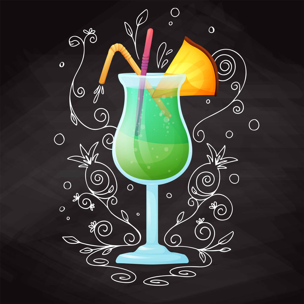 Cocktail réaliste sur fond craie avec doodle, motif. Vecteur
 - Vecteur, image