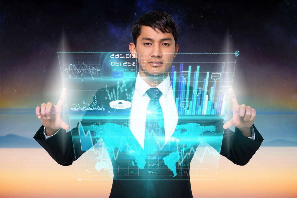 Цифровий композит серйозного бізнесмена торкаючись інтерфейсу
 - Фото, зображення