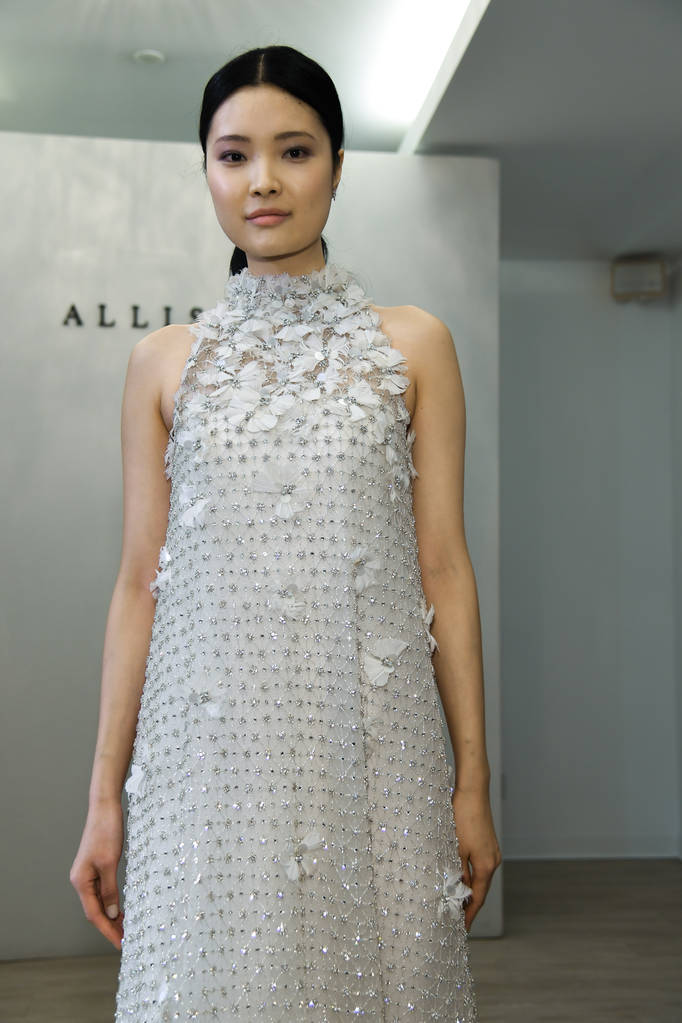 New York, Ny - 12 Nisan: New York Moda Haftası'nda Allison Webb Bahar 2020 gelinlik moda sunumu sırasında bir model pozlar: Nisan'da Gelin 12, 2019 Nyc. - Fotoğraf, Görsel