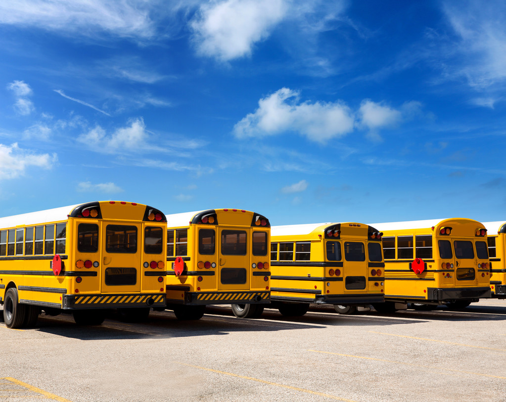 Amerikan okul otobüsü satır mavi gökyüzü altında - Fotoğraf, Görsel