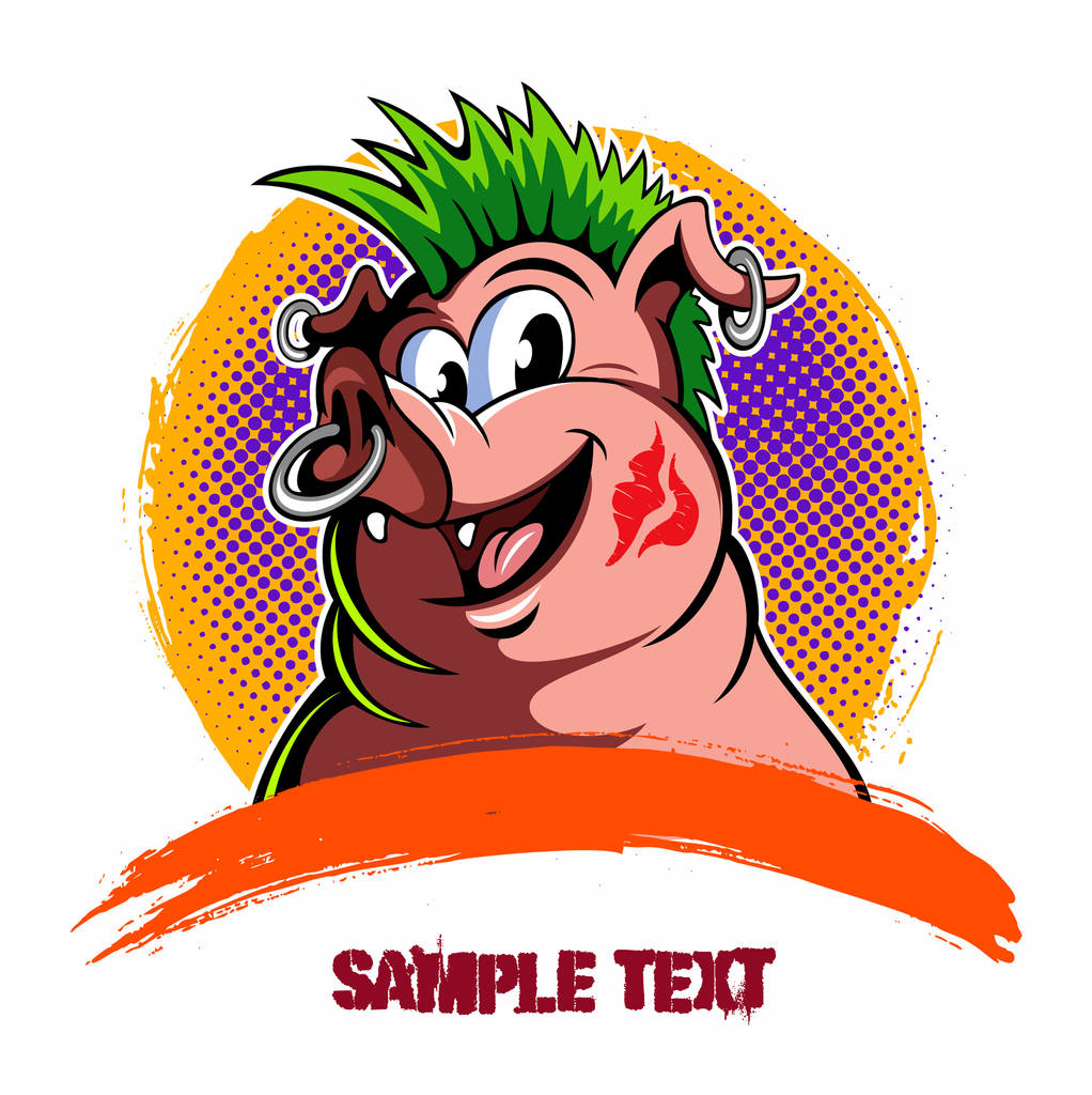 Punk rock style pig, smiling pig with piercings and kiss lips on his face, vector picture. - Vector, Image