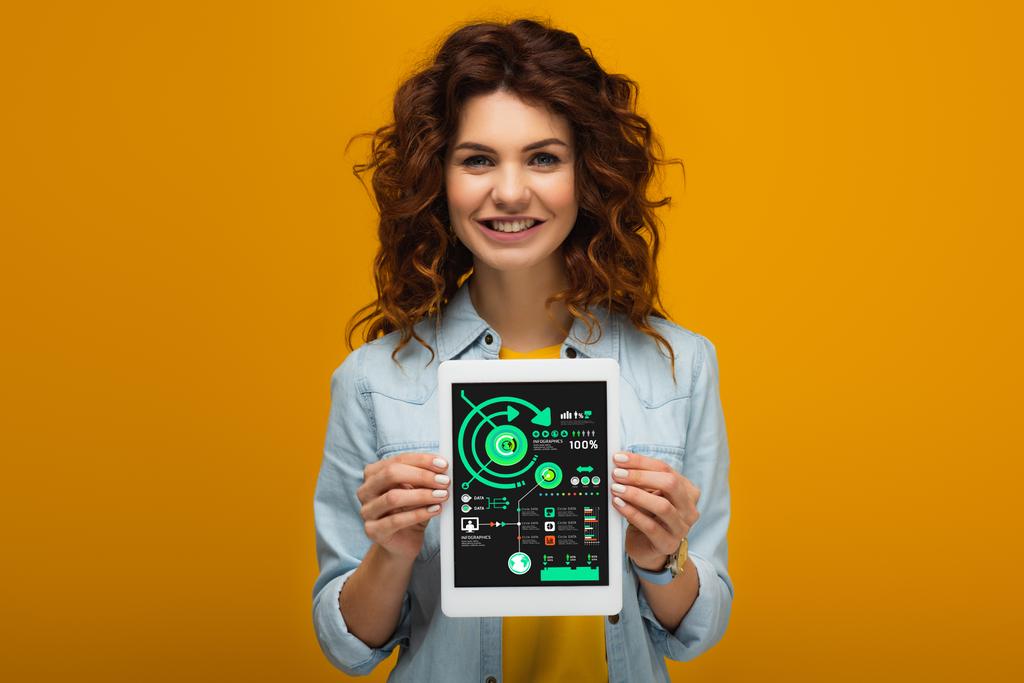 uśmiechnięta kobieta Ruda trzyma tablet cyfrowy z wykresów i wykresów na ekranie stojąc na pomarańczowym  - Zdjęcie, obraz