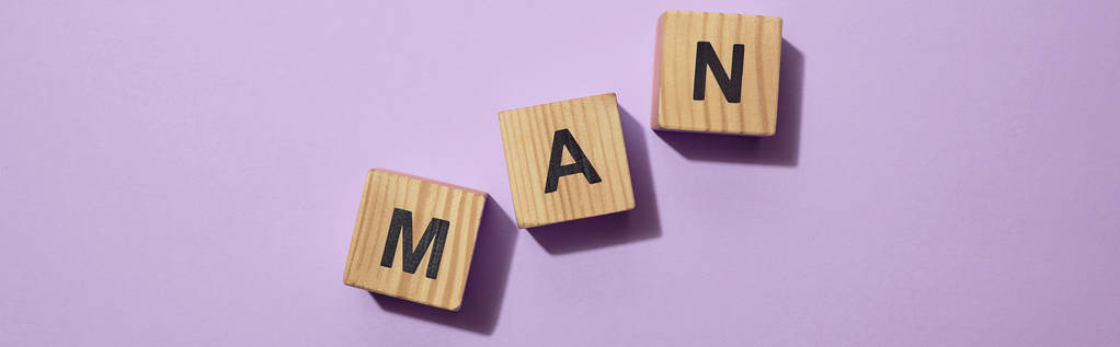 panoramic shot of wooden cubes with letters on purple surface - Photo, Image