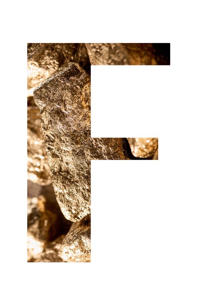 letra F hecha de piedras doradas brillantes aisladas en blanco
 - Foto, Imagen