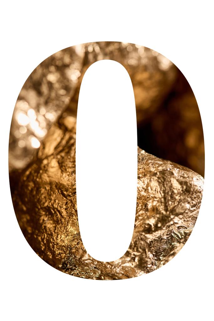 letra O hecha de piedras doradas brillantes aisladas en blanco
 - Foto, Imagen