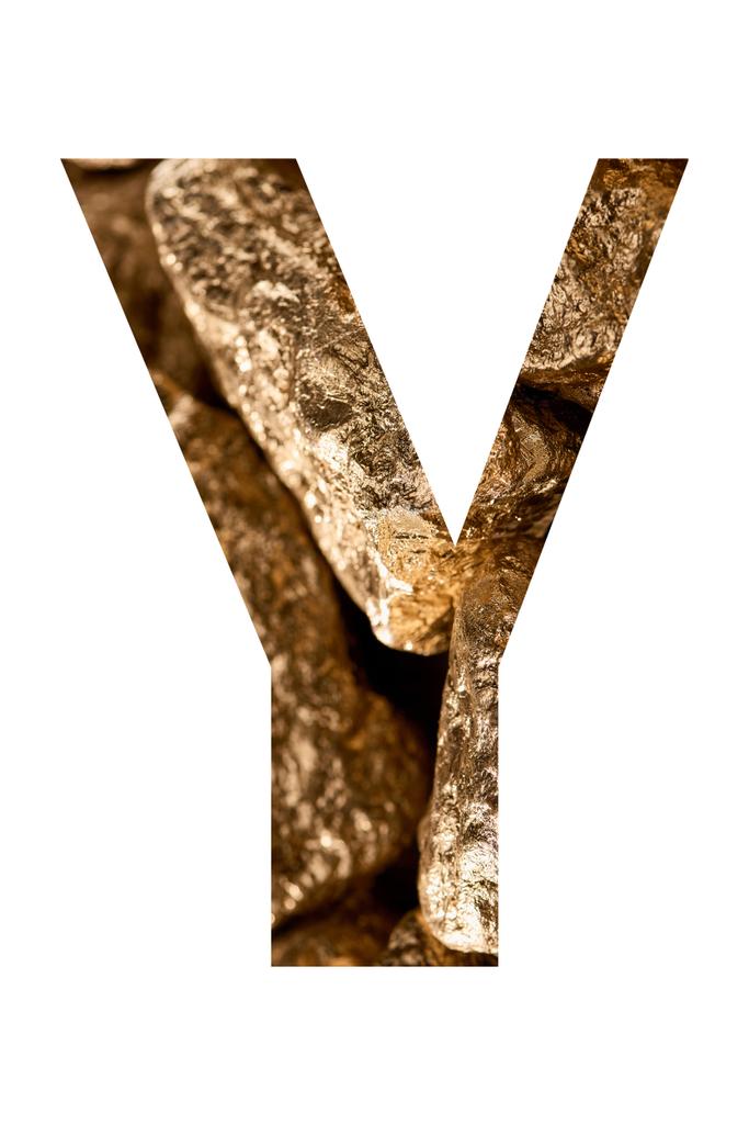 буква Y из блестящих золотых камней, изолированных на белом
 - Фото, изображение