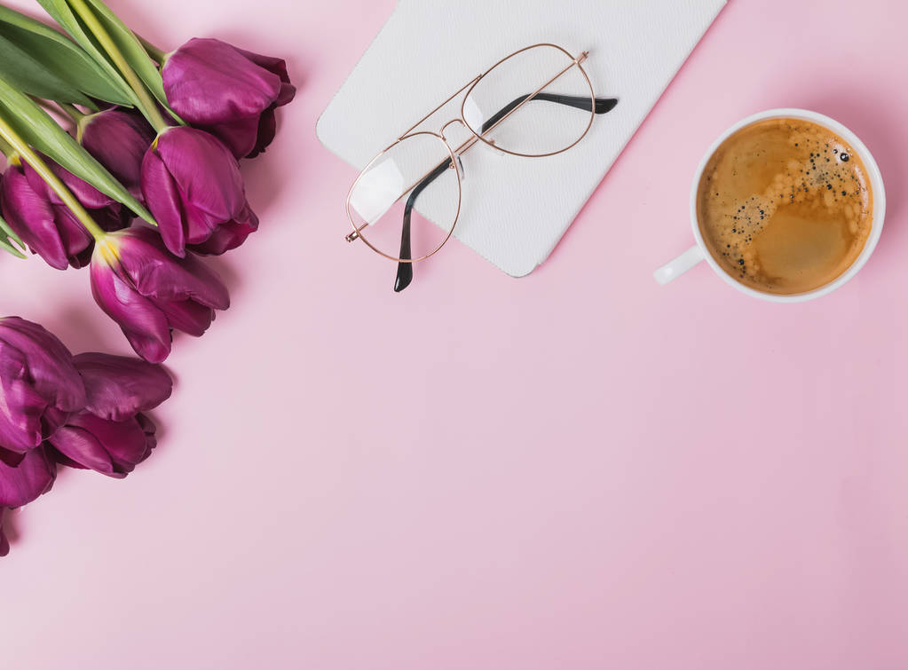 Flat lay on pink background with purple tulips - Photo, Image