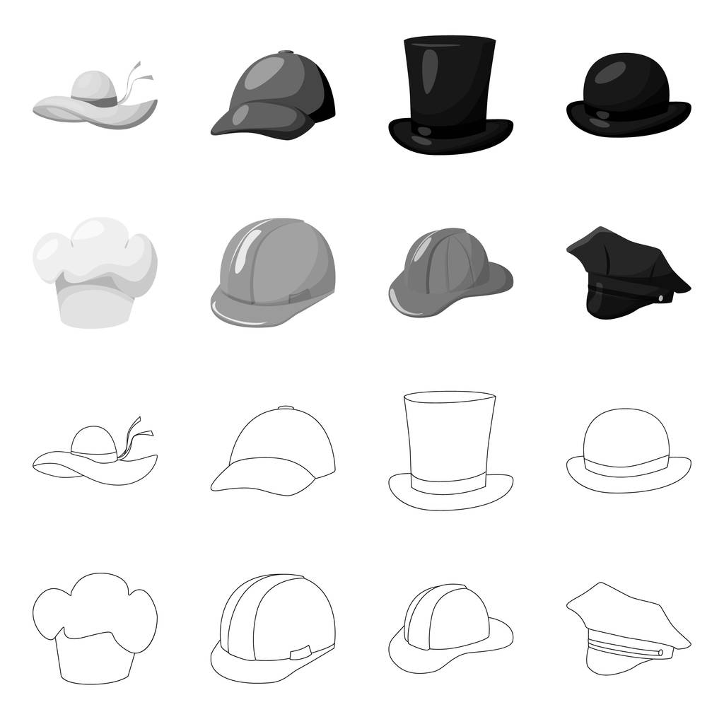 Oggetto isolato di abbigliamento e cappello simbolo. Set di abbigliamento e berretto icona vettoriale per magazzino
. - Vettoriali, immagini