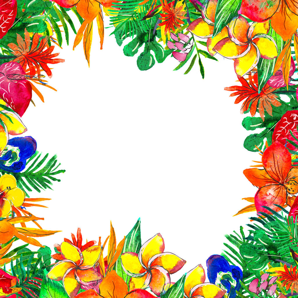 Akwarela Tło z tropikalnych roślin i kwiatów - Zdjęcie, obraz