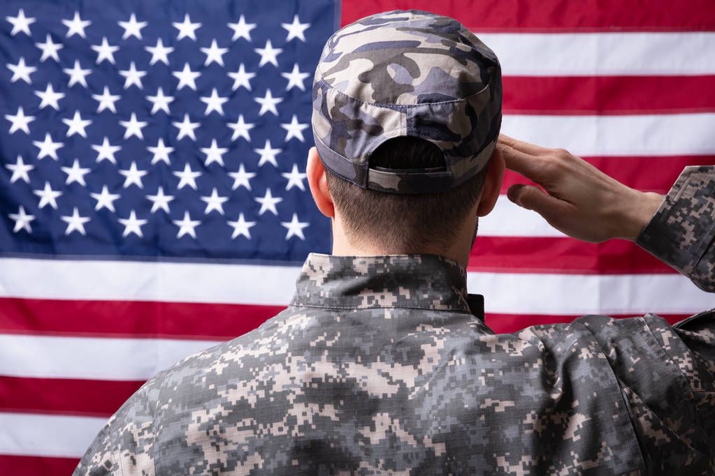 Visão traseira do homem militar nos saudando Bandeira
 - Foto, Imagem