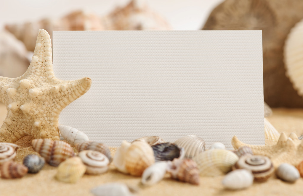 στρώστε με άμμο στην παραλία και κοχύλια. έννοια των διακοπών - Φωτογραφία, εικόνα