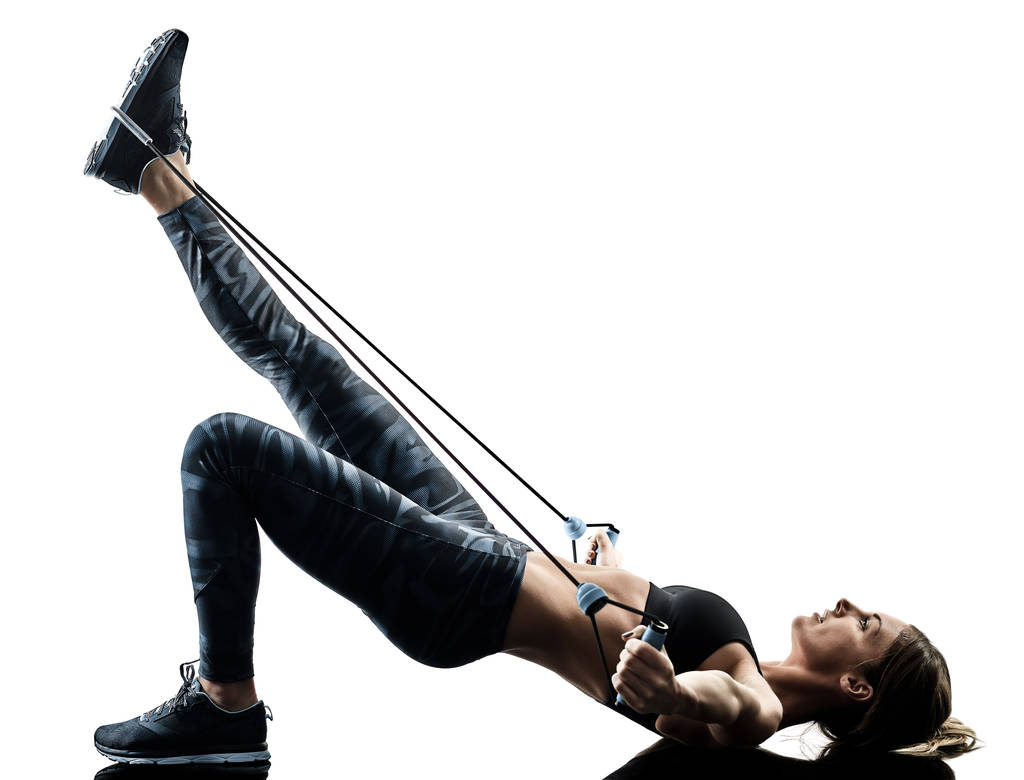 ženy cvičení pilates fitness guma odolná kapela silhouett - Fotografie, Obrázek