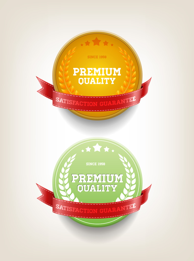 Два векторных круглых значка с красной лентой "Премиум качества
" - Вектор,изображение