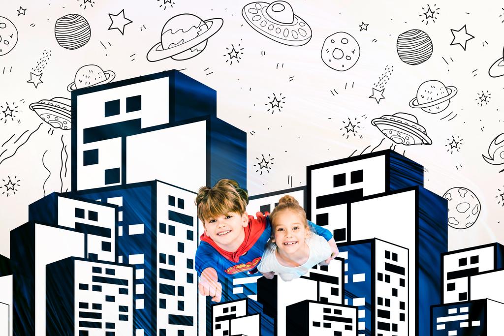 вид зверху веселих дітей, що літають біля будівель і планет на білому
  - Фото, зображення