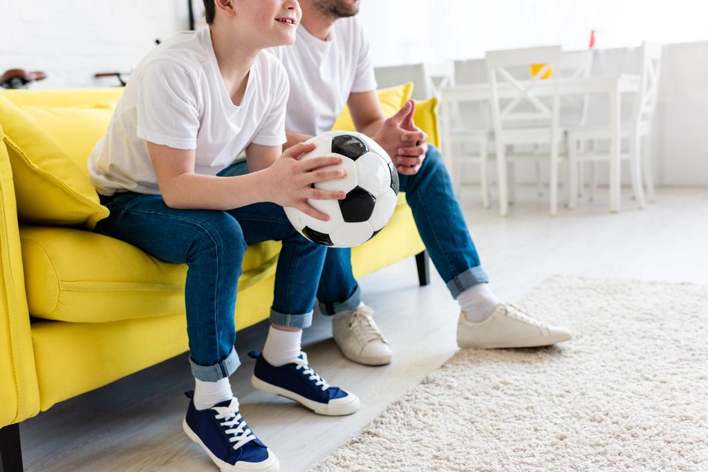 自宅でサッカーボールでソファでスポーツの試合を見ている父と息子のトリミングビュー - 写真・画像
