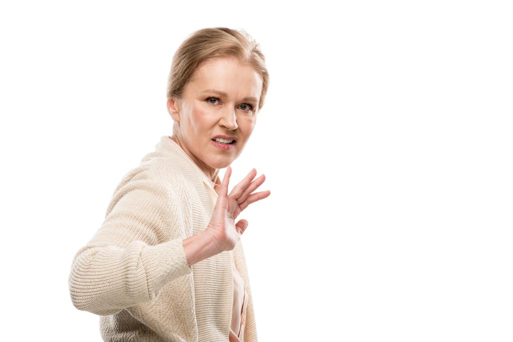 effrayé femme d'âge moyen Gesturing avec les mains isolé sur blanc avec copie espace
 - Photo, image
