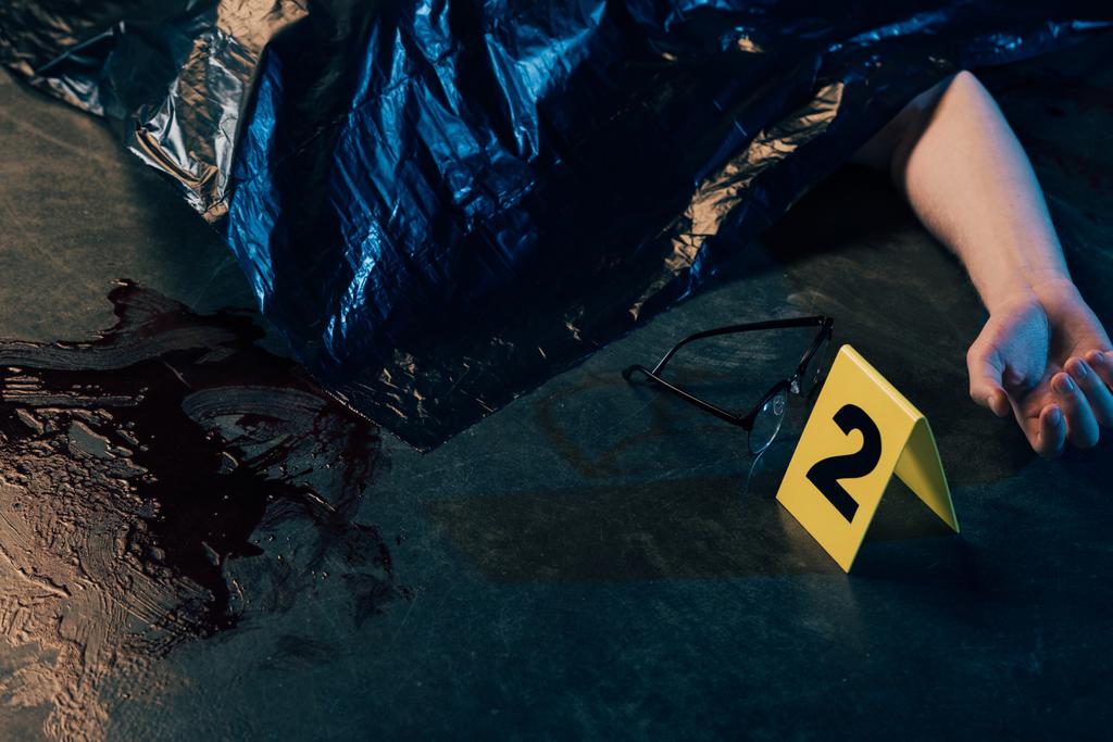 vista cortada de cadáver coberto perto de óculos e marcador de provas na cena do crime
 - Foto, Imagem