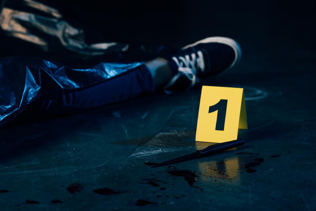 gedeeltelijke weergave van bedekt dode lichaam in de buurt van evidence marker op Crime Scene - Foto, afbeelding