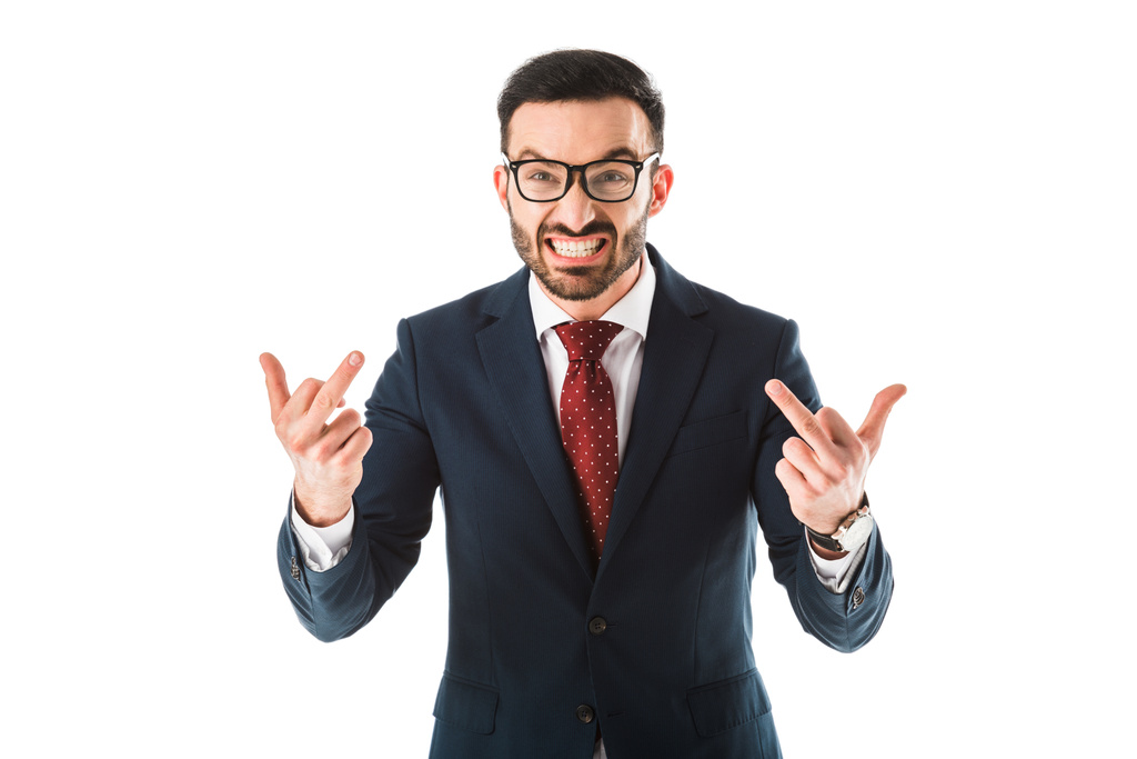 irritated businessman showing middle fingers while looking at camera isolated on white - Photo, Image