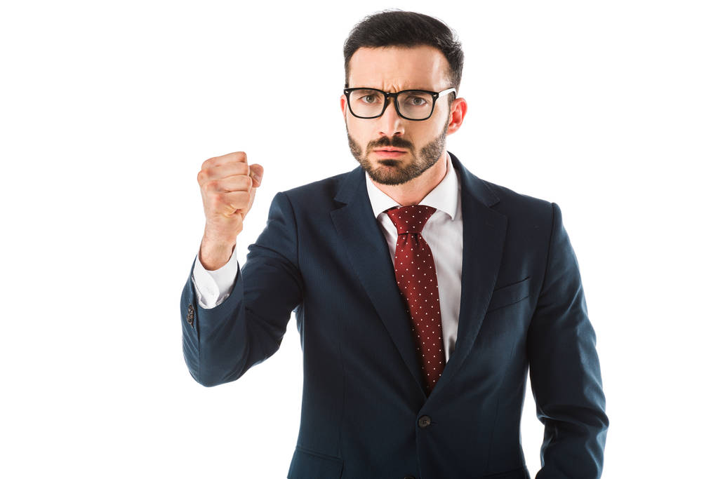 angry businessman showing fist while looking at camera isolated on white - Photo, Image
