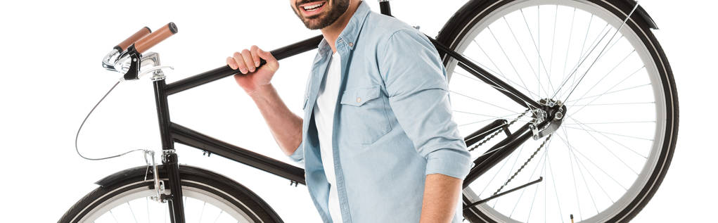 vista recortada de hombre barbudo sonriente sosteniendo bicicleta aislada en blanco
 - Foto, imagen