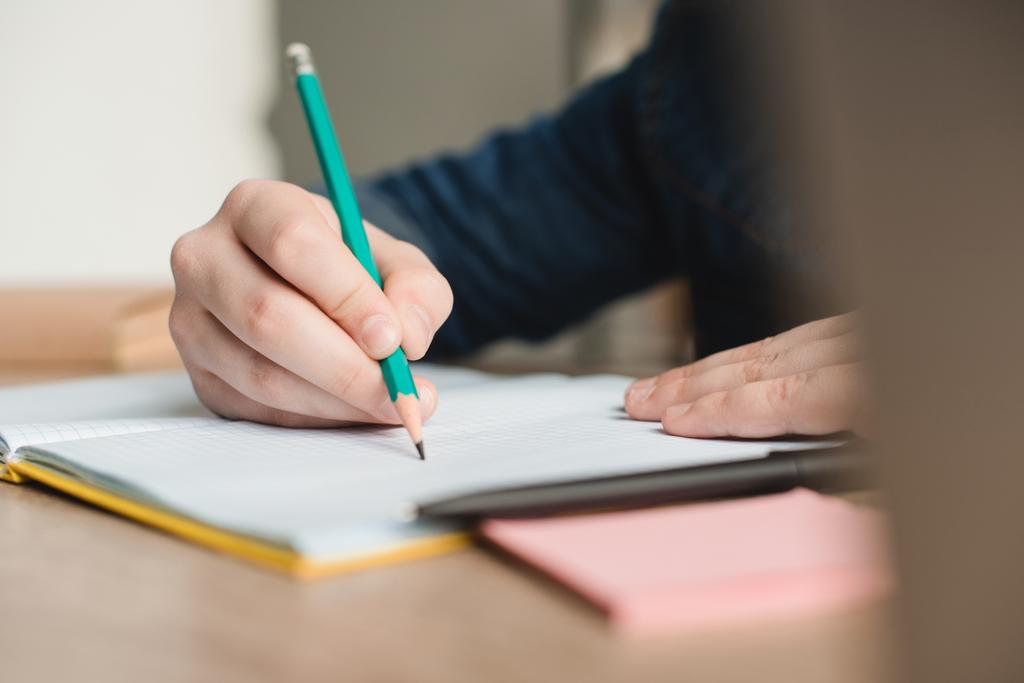 селективное внимание школьника, пишущего в блокноте во время школьной работы на дому
 - Фото, изображение