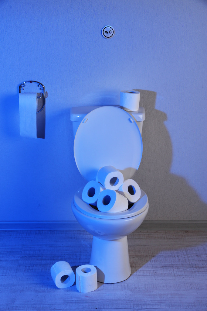 WC csésze és egy kék fény fürdőszoba WC-papír - Fotó, kép