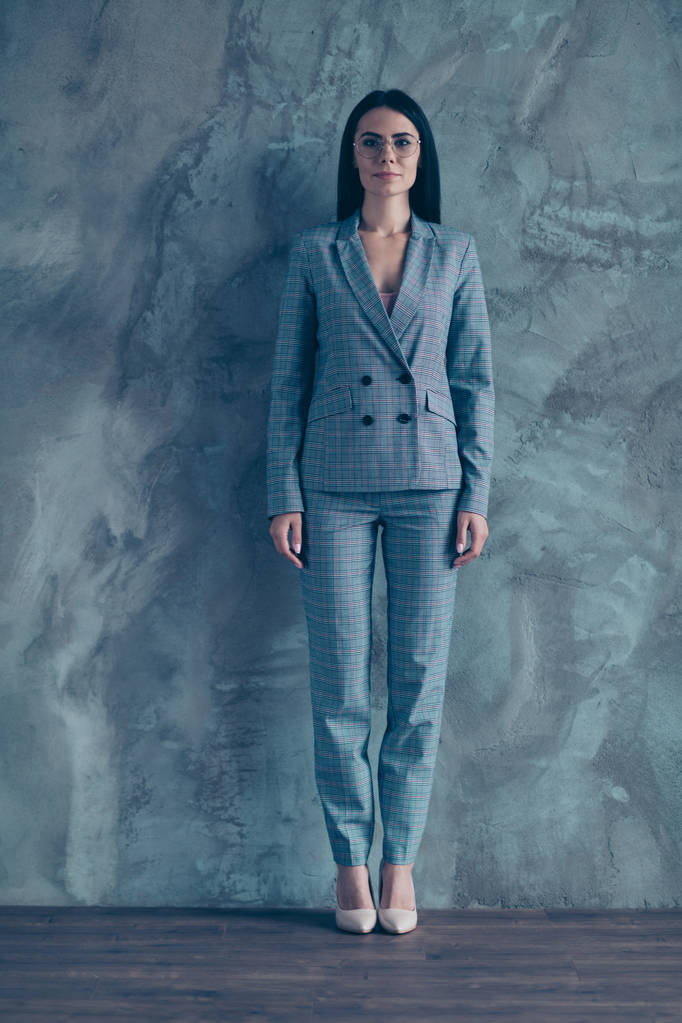 Full length body size photo beautiful she her business lady wait candidate worker interview look strict stand high-heels office wear specs formal-wear checkered plaid suit isolated grey background - Photo, Image
