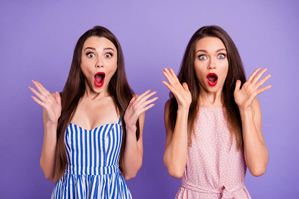 Portrait of nice-looking charming cute lovely shine winsome glamorous attractive crazy ladies sale discount opened mouths stare eyes black friday isolated over pastel violet background - Photo, Image