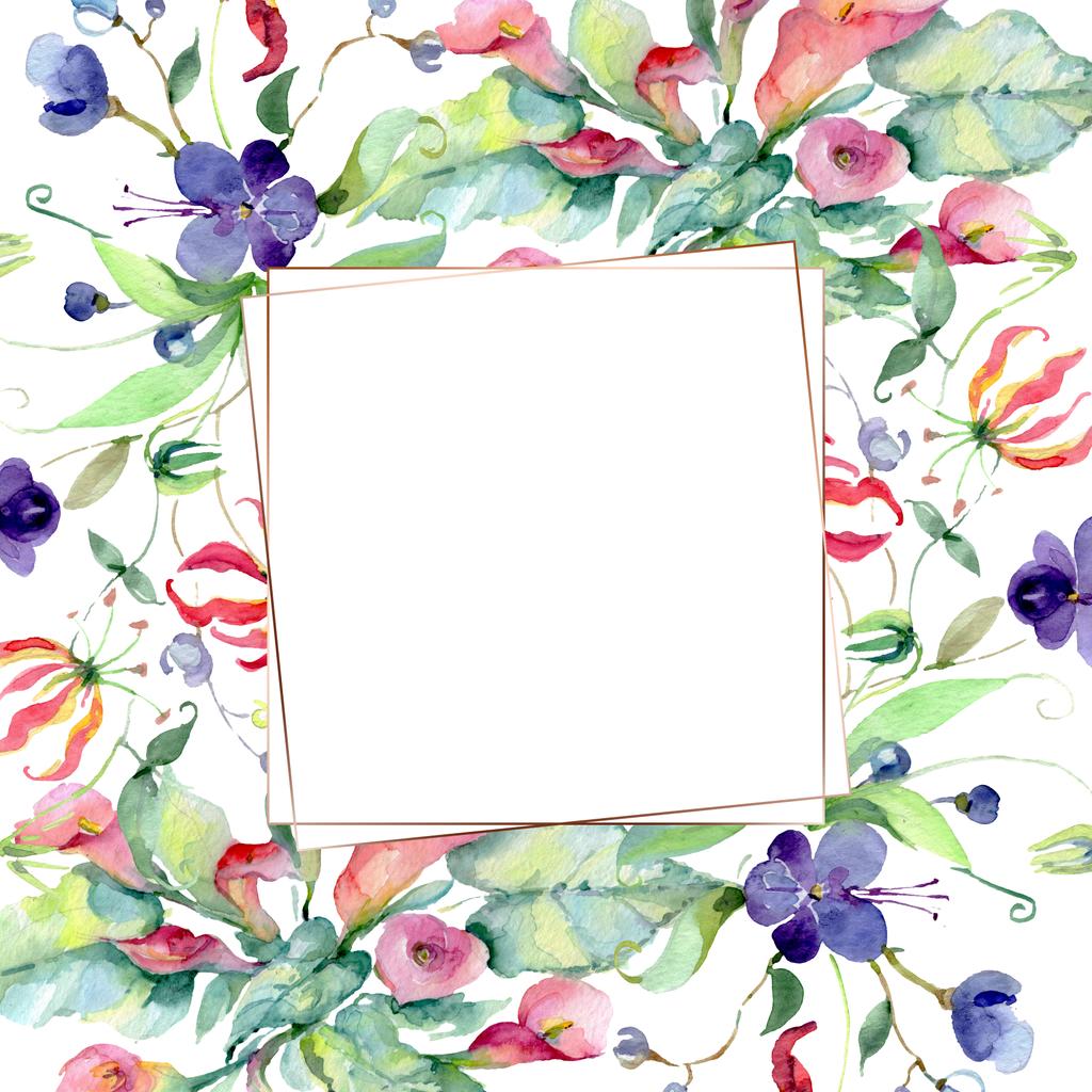 Λουλούδια με πράσινα φύλλα απομονωμένα σε λευκό. Απεικονίσειςεικονοστοιχεία φόντου. Πλαίσιο με χώρο αντιγραφής. - Φωτογραφία, εικόνα