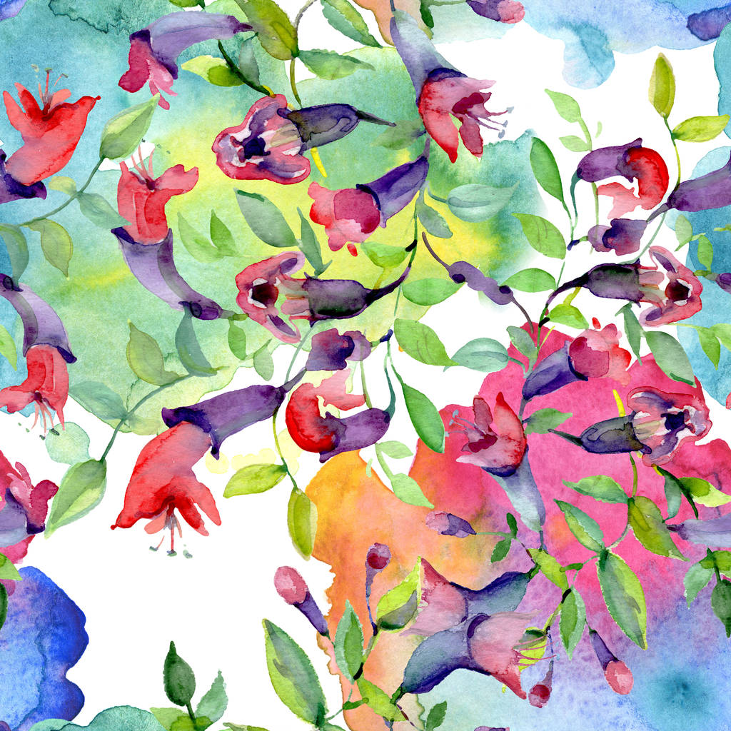 Vadvirágok zöld levelekkel. Akvarell háttér illusztráció készlet. Zökkenőmentes háttér minta. - Fotó, kép