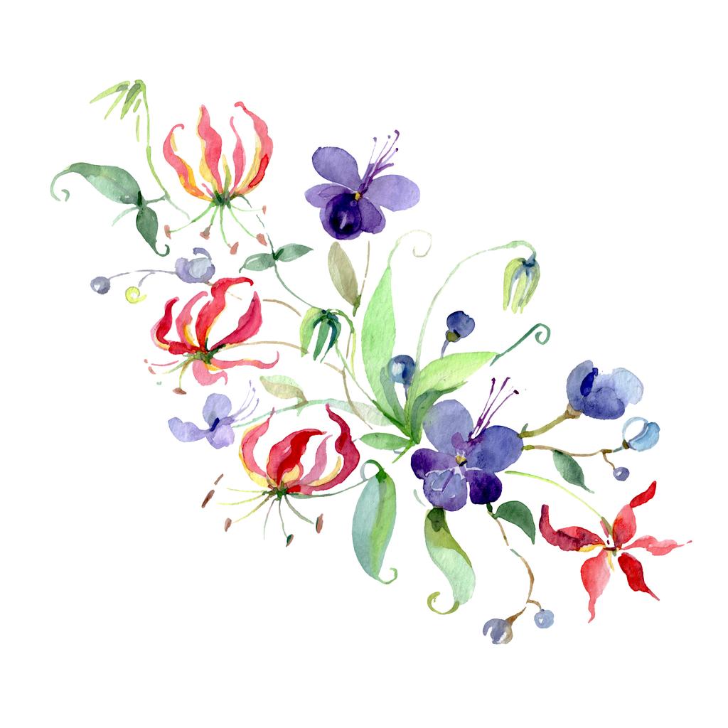 白に隔離された緑の葉と紫の花の花束 水彩画背景イラスト要素 ロイヤリティフリー写真 画像素材