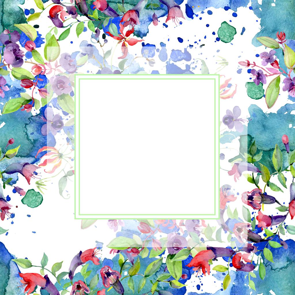 Цветы с зелеными листьями изолированы на белом. Элементы иллюстрации акварелью. Рамка с копировальным пространством
. - Фото, изображение