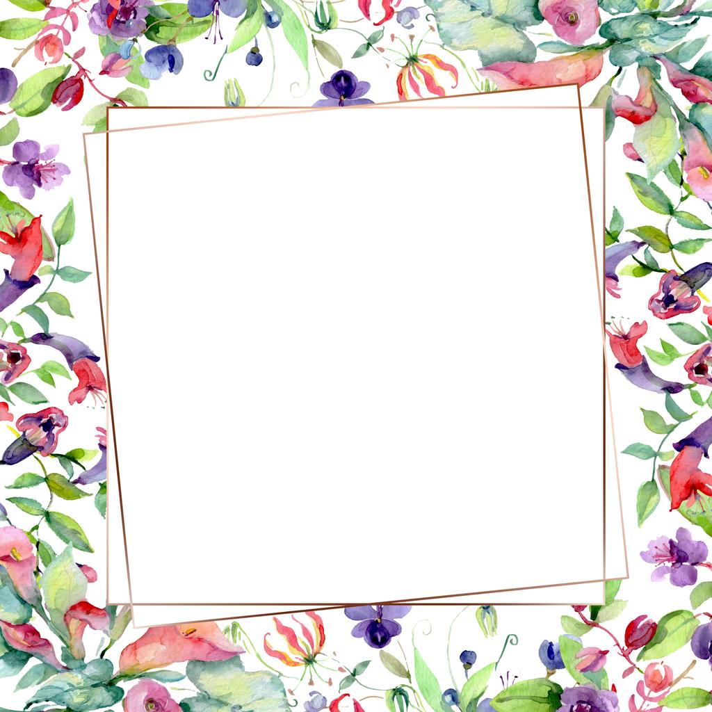 Blüten mit grünen Blättern isoliert auf weiß. Aquarell Hintergrundillustrationselemente. Rahmen mit Kopierraum. - Foto, Bild