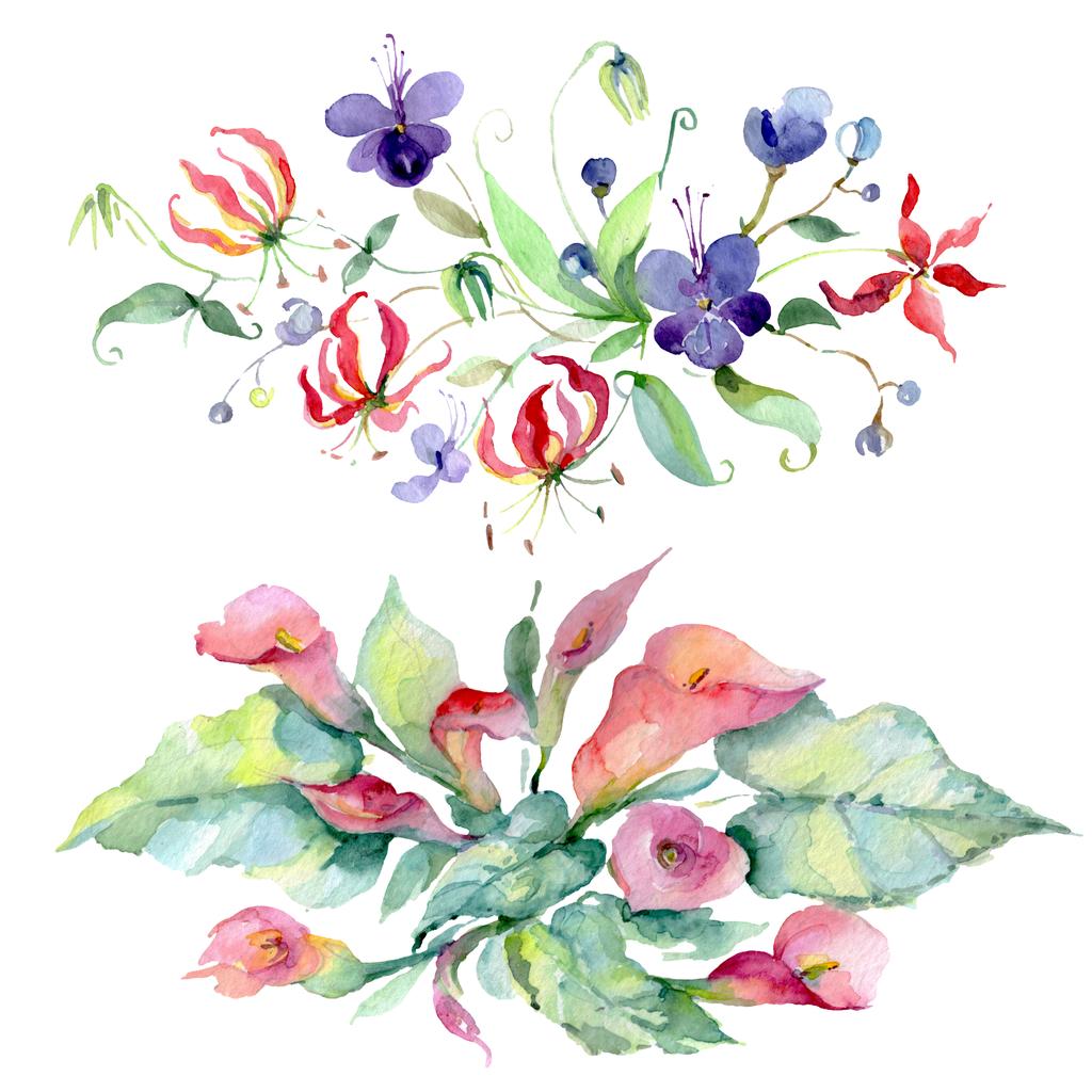Blumensträuße mit grünen Blättern auf weißem Grund. Aquarell Hintergrund Illustrationselemente. - Foto, Bild