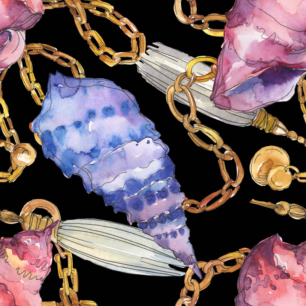 Blue and purple marine tropical seashells with golden chains isolated on black. Watercolor background illustration set. Seamless background pattern. - Photo, Image