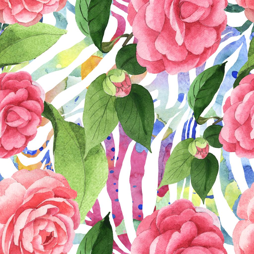 Roze Camellia bloemen met groene bladeren op Zebra achtergrond. Aquarel illustratie set. Naadloos achtergrond patroon.  - Foto, afbeelding