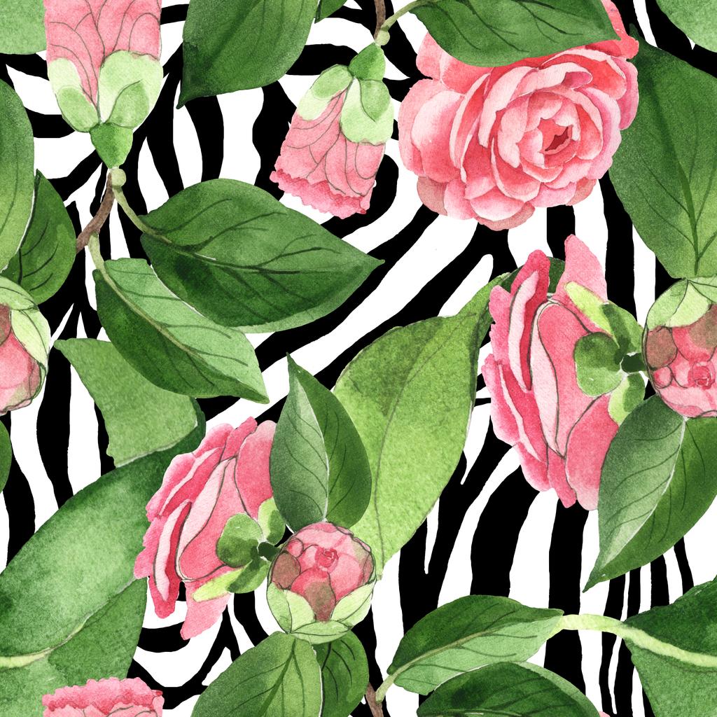 Ροζ άνθη καμέλιων με πράσινα φύλλα σε ζέβρα print φόντο. Σετ εικονογράφησης. Ομαλή μοτίβο φόντου.  - Φωτογραφία, εικόνα