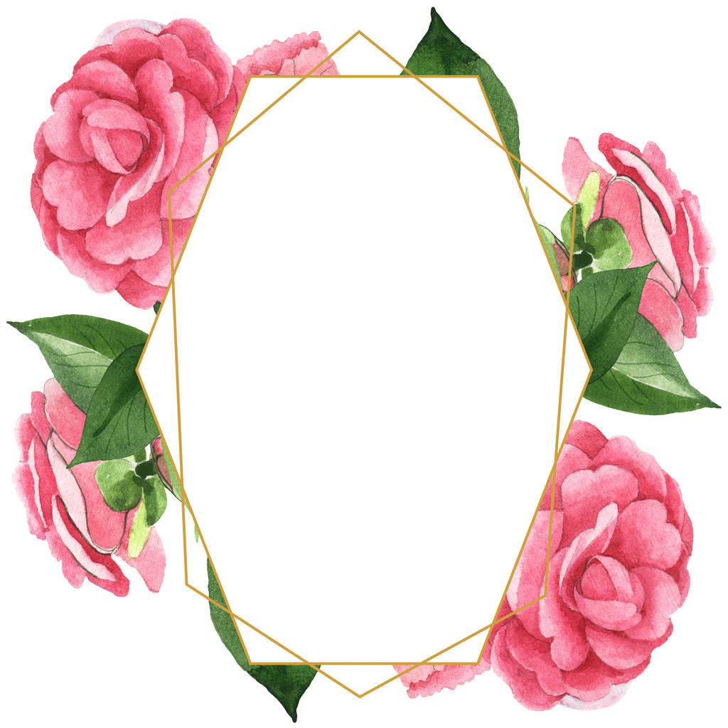 Rosafarbene Kamelienblüten mit grünen Blättern auf weißem Grund. Aquarell Hintergrundillustration Set. leerer Rahmen mit Kopierraum. - Foto, Bild