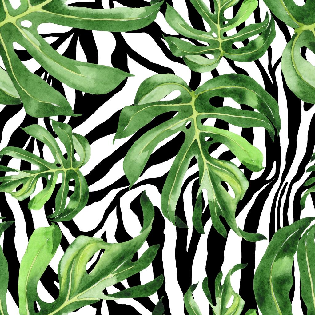 Folhas de palmeira exóticas tropicais havaianas verdes. Conjunto de fundo aquarela. Padrão de fundo sem costura
. - Foto, Imagem